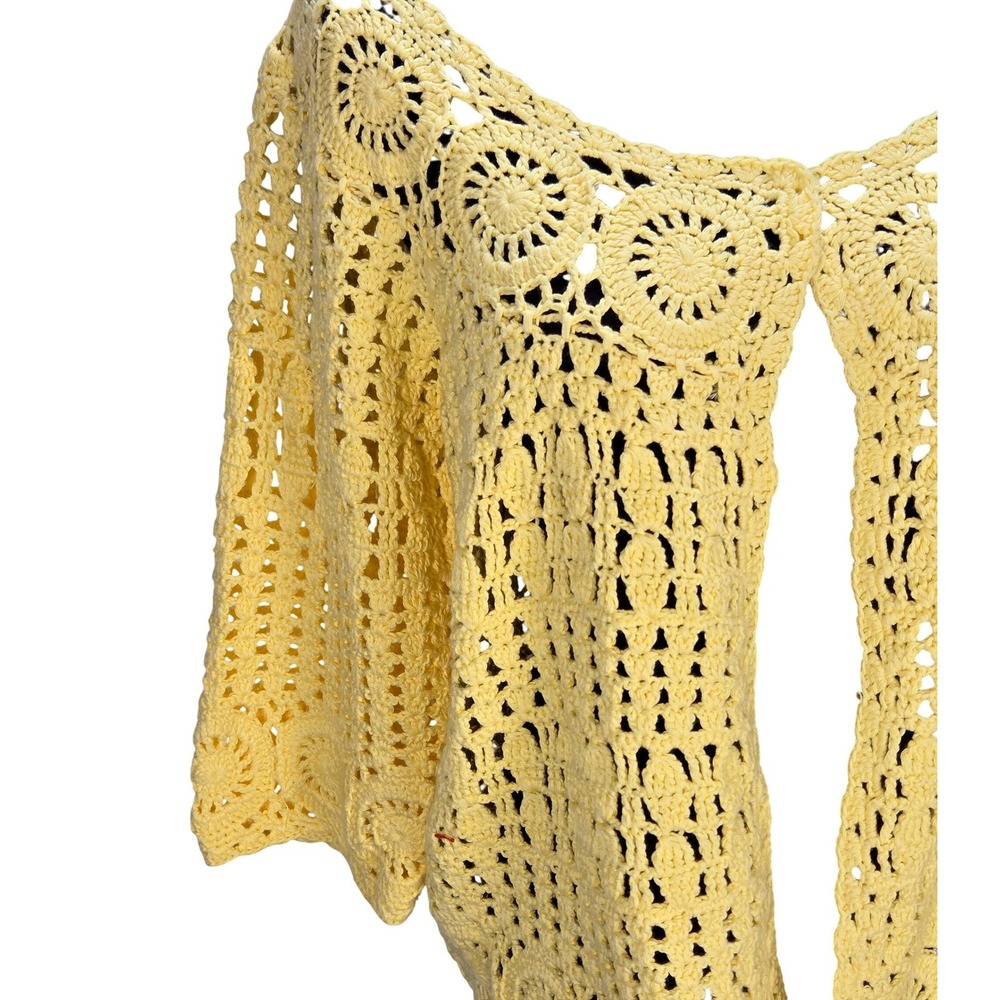Women's Large 100% Cotton Yellow Crochet Open Front Cardigan Boho Cottagecore - Picture 2 of 4